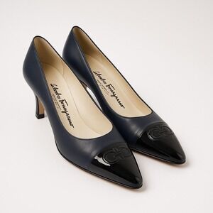 Vintage Salvatore Ferragamo Boutique Navy Leather & Patent Cap Toe Pumps - Italy